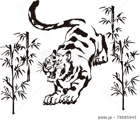 虎 とら トラ 竹林 動物 寅年 寅 墨絵 水墨画 手描き 背景 年賀状素材 正月 ベクターイラストのイラスト素材
