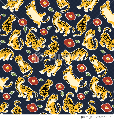 Hand-painted style tiger and camellia seamless pattern white line 79086402