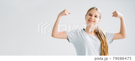 active children sport banner girl showing biceps active children sport banner girl showing biceps 79086475
