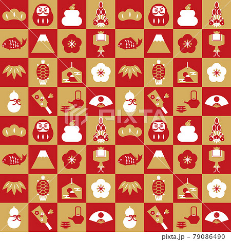 お正月アイコン×市松模様　背景素材（赤） 79086490
