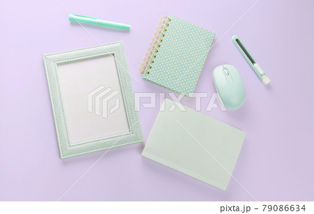 flat lay green color stationery 79086634