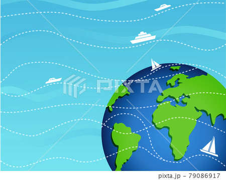 Banner Tourist travel around the globe. international cargo transportation. travel ship around the world. 79086917