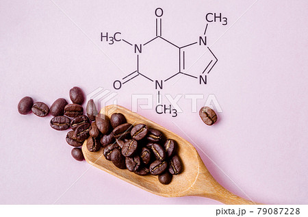 Structural chemical formula of caffeine molecule with roasted coffee beans. Caffeine is a central nervous system stimulant. 79087228