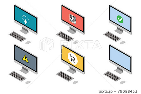 アイソメトリック構図 デスクトップパソコン 6種の画面表示セットのイラスト素材