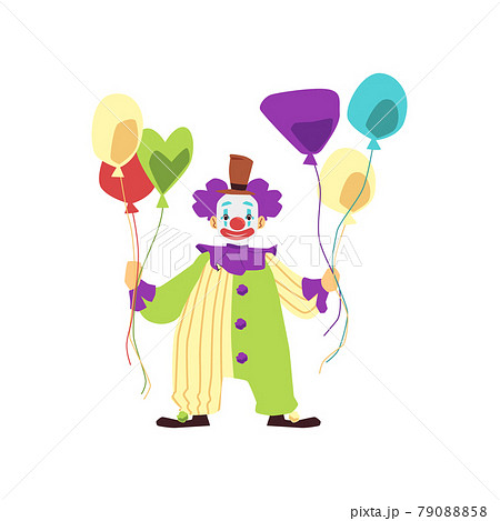 Funny happy clown in colorful costume and makeup hold colorful balloons. 79088858
