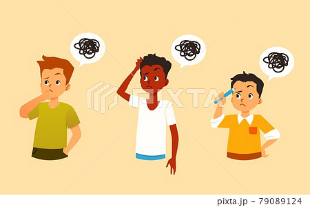 Cartoon Boys Thinking With Messy Thoughts Flat のイラスト素材