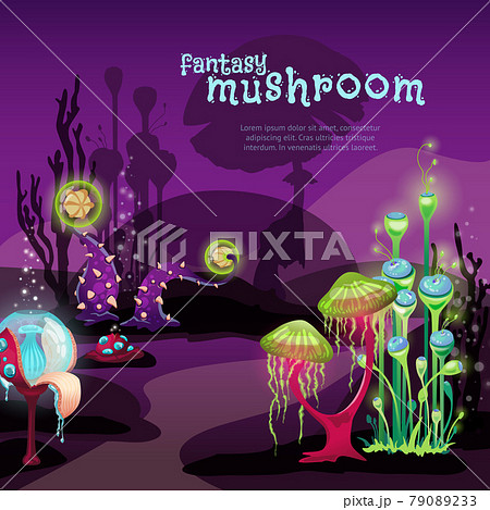 Beautiful poster with landscape from fantasy unusual mushrooms of alien world. Beautiful poster with landscape from fantasy unusual mushrooms of alien world. 79089233