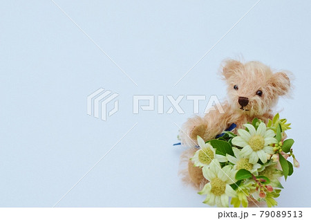 フランネルフラワーとシンフォリカルポスの小さな花束とテディベア 79089513