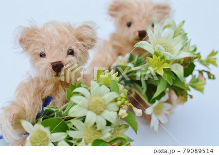 フランネルフラワーとシンフォリカルポスの小さな花束とテディベア 79089514