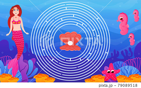 Cute mermaid character and seahorse, help them to find way to pearl, underwater colourful illustration in cartoon style 79089518