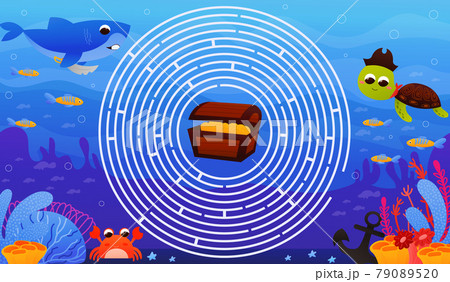 Colourful circle maze for kids with cute turtle and shark character, help to find right way to treasure, underwater Colourful circle maze for kids with cute turtle and shark character, help to find right way to treasure, underwater 79089520