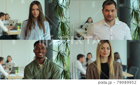 Collage portrait of multiethnic male and female office workers smiling to camera at office. Portrait of happy multiethnic young professionals at workplaces at team meeting. Collage portrait of multiethnic male and female office workers smiling to camera at office. Portrait of happy multiethnic young professionals at workplaces at team meeting. 79089952