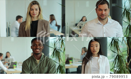 Multiscreen on happy male and female employees at work. Front view of young multiethnic professionals. Close up portrait of diverse multiethnic office workers smiling in cabinet. Multiscreen on happy male and female employees at work. Front view of young multiethnic professionals. Close up portrait of diverse multiethnic office workers smiling in cabinet. 79089953