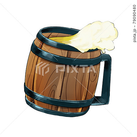 ビール泡のあふれる木製のビールジョッキ 右 79090480