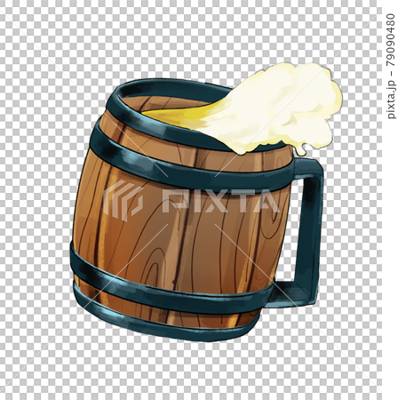 ビール泡のあふれる木製のビールジョッキ 右 79090480