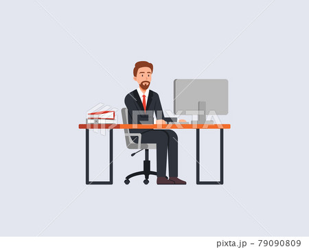 Office worker at desk behind desktop computer, flat vector illustration isolated. 79090809