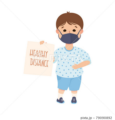 New Normal Lifestyle with Happy Boy Wearing Face Mask Holding Placard with Healthy Distance Appeal Vector Illustration 79090892