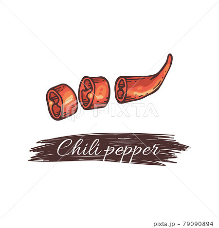 Cut red chili pepper and inscription engraving vector illustration isolated. 79090894