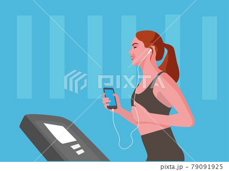 Home sports. Woman running on a treadmill vector illustration. Athlete on a simulator. flat illustration 79091925