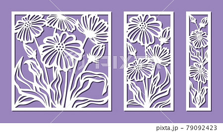 Set of decorative panels with a floral pattern. Square, rectangular frames with chamomile flowers, poppies. Vector template for plotter laser cutting of paper, metal engraving, wood carving, plywood. 79092423