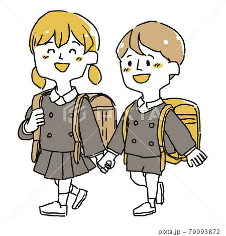 手を繋いで登校する小学生の男の子と女の子のイラスト素材