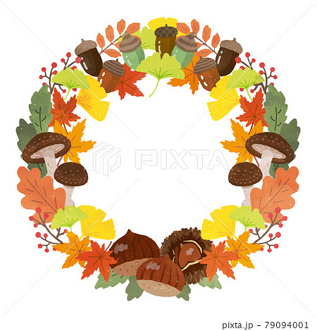 秋の背景イラスト　水彩風落ち葉と栗のフレーム 79094001
