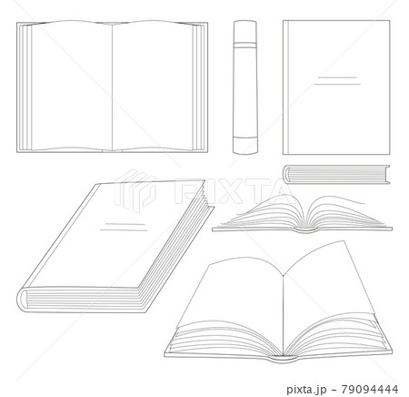 Books linear sketch symbols collection in different positions. Opened and closed books isolated icons set on white. Library and bookstore elements in a flat style. Jpeg illustration 79094444