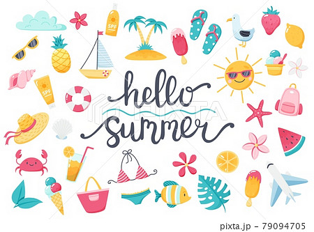 Summer set with lettering and cute beach elements bikini, flip flops, fruits, flowers, palm trees. Hand drawn flat cartoon elements. Vector illustration 79094705