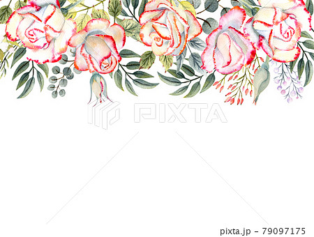 Horizontal frame with watercolor rose flowers, leaves, decor. For the design of greeting cards, invitations, etc 79097175