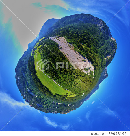 Riverbed dried up by climate change in the foothills of the Alps, Germany, Bavaria, Little Planet, Spherical 360 degrees seamless panorama view in Spherical projection Riverbed dried up by climate change in the foothills of the Alps, Germany, Bavaria, Little Planet, Spherical 360 degrees seamless panorama view in Spherical projection 79098192