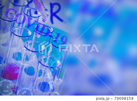 The test tubes and flasks with colored liquid in a laboratory 79098358