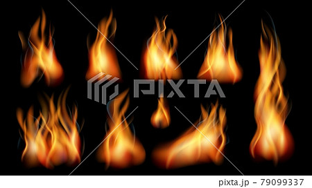 Realistic fire. Bright flames, fires flame isolated on black. Smoke effect, fireplace or burn torch vector collection Realistic fire. Bright flames, fires flame isolated on black. Smoke effect, fireplace or burn torch vector collection 79099337