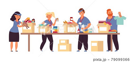 Donation boxes. Food help, volunteers shelter services. People donate products, toys, medications. Migration aid charity decent vector flat concept 79099366