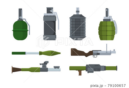 Weapons. Heavy artillery military items grenade launchers bazookas bombs explosives detonators tnt garish vector cartoon weapons collection 79100657