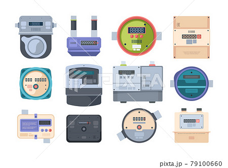 Power water meters. Counters gas measurements instruments display box garish vector flat pictures set Power water meters. Counters gas measurements instruments display box garish vector flat pictures set 79100660