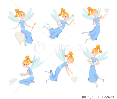 Tooth fairy. Cute little flying princess with wings in action poses exact cartoon fantasy mascot isolated 79100674