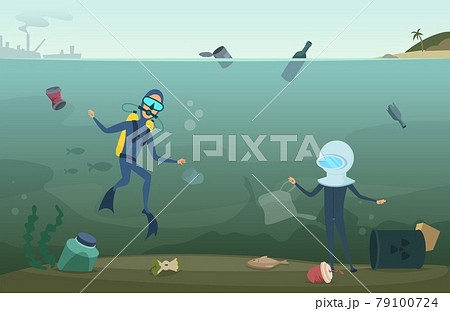 Ecology problems. Water pollution, scuba divers in ocean collect waste. Eco catastrophe, trash in sea vector illustration Ecology problems. Water pollution, scuba divers in ocean collect waste. Eco catastrophe, trash in sea vector illustration 79100724