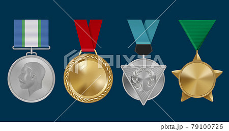 Sport awards. Military rosettes leadership golden medals decent vector templates of awards with red ribbons 79100726