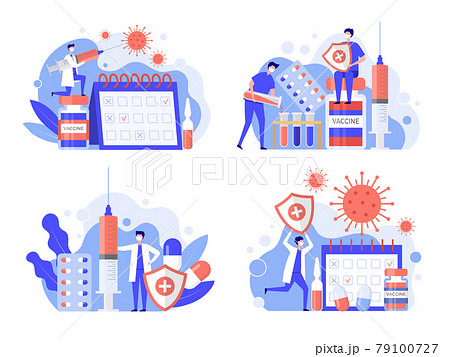 Vaccination concept. Covid prevention pharmaceutical drugs and antibiotics healthcare characters recent vector medical scenes illustrations collections Vaccination concept. Covid prevention pharmaceutical drugs and antibiotics healthcare characters recent vector medical scenes illustrations collections 79100727