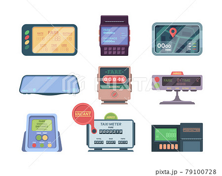 Taximeter. Service car kilometers display for pay money passenger transportation taximeter garish vector gadgets illustration Taximeter. Service car kilometers display for pay money passenger transportation taximeter garish vector gadgets illustration 79100728