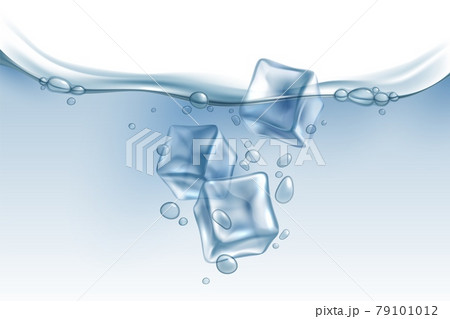 Realistic ice cubes in water. Iced pieces falling in aqua, air bubbles in clear liquid. Beverage with frozen blocks, cold soda drink or cocktail. Advertising backdrop, vector background 79101012
