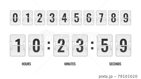 Counter realistic. Time table, retro clock countdown, black flip numbers on white plaques, vintage mechanical watch template. Automatic scoreboard schedule, vector isolated illustration Counter realistic. Time table, retro clock countdown, black flip numbers on white plaques, vintage mechanical watch template. Automatic scoreboard schedule, vector isolated illustration 79101020