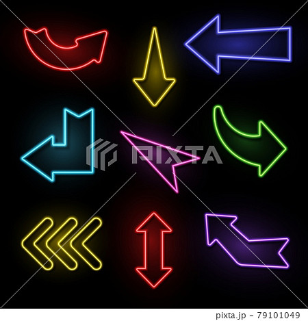 Arrows neon. Electric light direction arrow shapes. Casino, motel and cinema glowing street signs retro 1950s style. Illuminated vintage signboard collection. Vector realistic isolated set 79101049