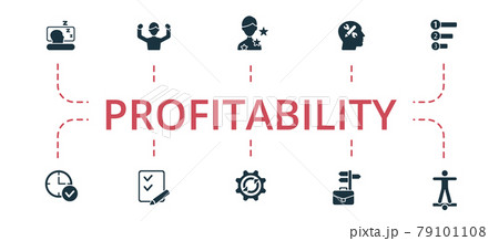 Profitability icon set. Contains editable icons theme such as time control, experience, career choice and more. Profitability icon set. Contains editable icons theme such as time control, experience, career choice and more. 79101108