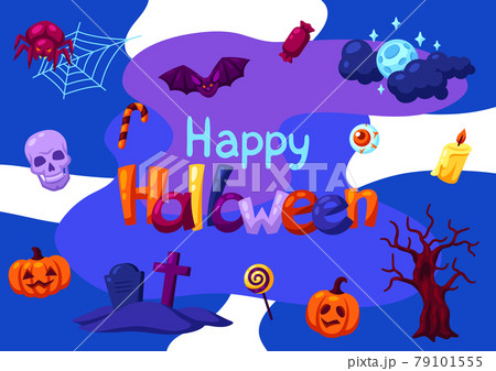 Happy Halloween greeting card with celebration items. Illustration or background for party. 79101555