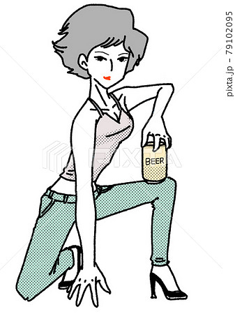 レトロな雰囲気のかっこいいポーズでお酒を飲む女性イラストのイラスト素材