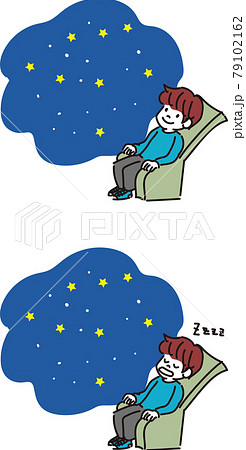 プラネタリウムで星を見る男性のイラストのイラスト素材
