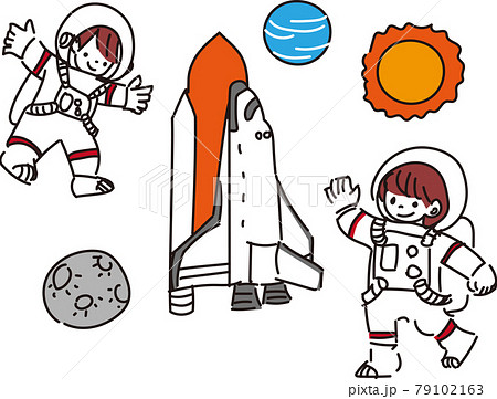 スペースシャトルと宇宙服を着た子供のイラストのイラスト素材