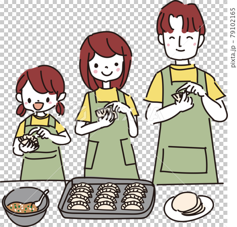 餃子を作る家族のイラストのイラスト素材