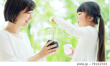 植物を見る親子 環境保護イメージ 植物を見る親子 環境保護イメージ 79102503